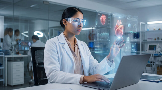 Medical Research Professional Interacting With AI Heart Diagnostics