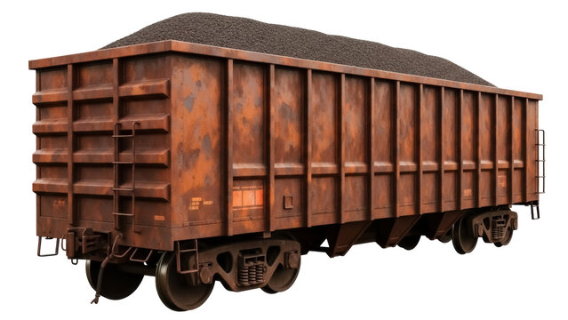 Isolated rusty hopper car loaded with freight, a railroad train wagon for bulk cargo transport