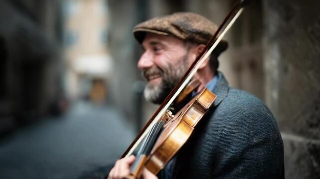 A bearded man in a flat cap smiles while playing a violin on a narrow street.