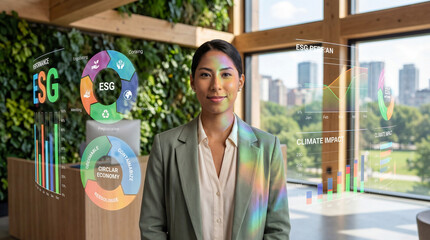 Female Sustainability Consultant Presenting ESG Performance Metrics