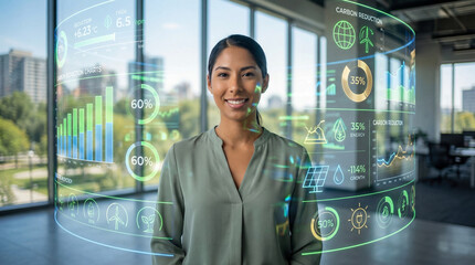 Female Sustainability Analyst Reviewing Carbon Reduction Data