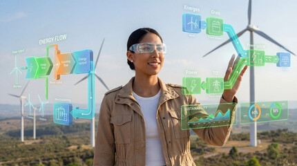 Female Energy Engineer Managing Wind Farm Power Flow