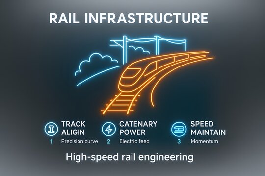 Neon High-Speed Rail Infrastructure Infographic for Engineering and Catenary Systems