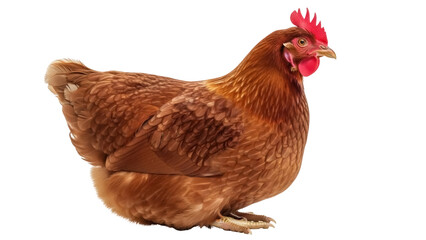 Isolated brown hen with a red comb is a domestic bird in a studio shot with no shadows