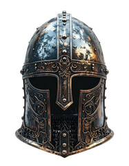 Ornate, weathered metal helmet, detailed frontal view, isolated on black