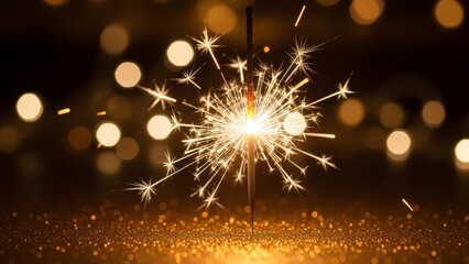 Obraz premium Sparkler burns brightly on sparkling golden surface with bokeh lights