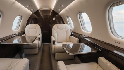 Luxurious Private Jet Interior with Comfortable Seating and Tables.