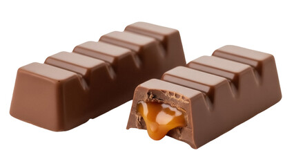Isolated sweet chocolate bar with caramel filling, delicious dessert, confectionery, food photography