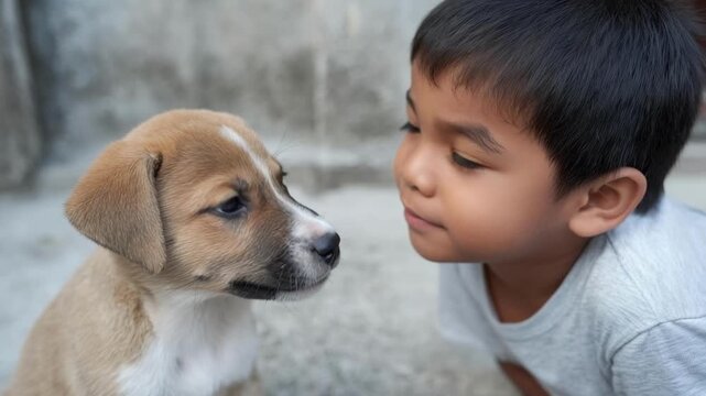 A young boy leans in toward a curious puppy, their faces close as they gaze at each other.