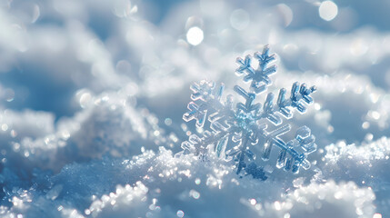 Detailed snowflake resting on snow with warm golden bokeh lights, creating an elegant winter background with festive, magical atmosphere.