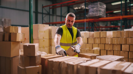 Warehouse worker wearing safety vest handling packages