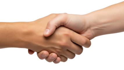 Isolated closeup of a friendly business agreement handshake between two different hands