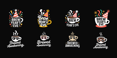 Coffee and New Year's Eve themed logos with party elements caffeine slogan