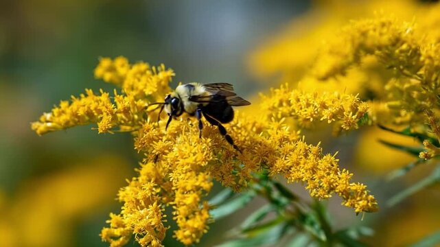 A bee on bright yellow goldenrod blossoms.