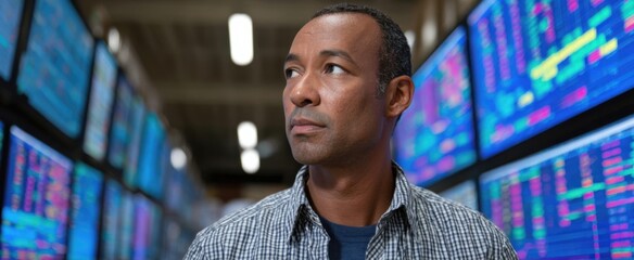 Supervisor reviewing inventory data on display in warehouse corridor