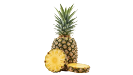 Isolated ripe pineapple fruit, slices in foreground, tropical and delicious, nutrient rich food