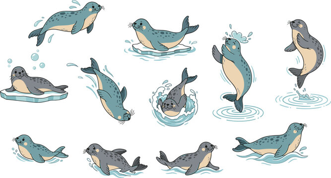 Cute cartoon seals swimming and jumping in water, playful baby seal characters set, marine animal illustration isolated on white