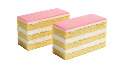 Isolated slices of traditional British Battenberg cake with marzipan topping and checkerboard pattern