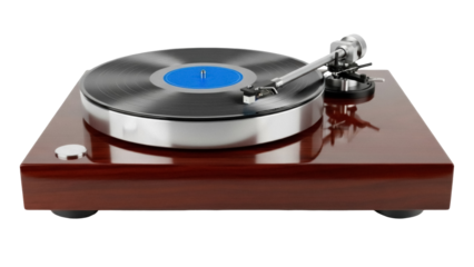Isolated Vinyl Record Player on Wooden Base with Tone Arm on Disk for Music Listening