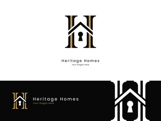 luxury h estate monogram with keyhole security symbol, prime property and heritage branding