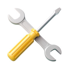 3D rendering of yellow screwdriver and metal wrench crossed for maintenance service and tool icon concept