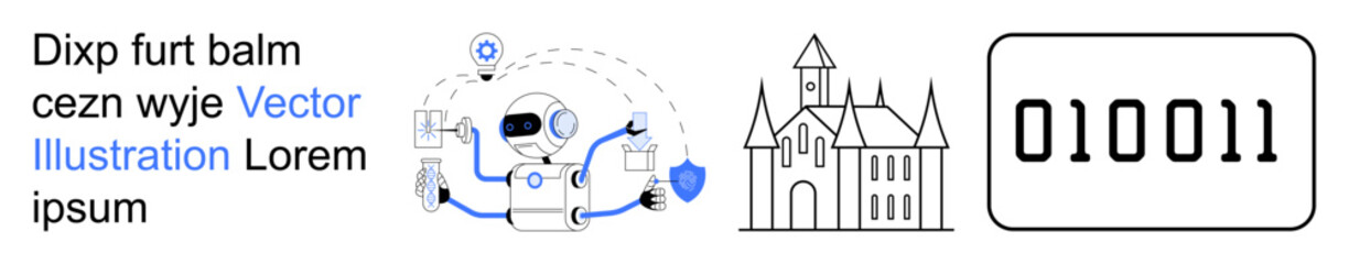 Artificial intelligence, digital security, automation, binary code, historic architecture, technology. Robot icon connecting devices, outline of a historic building binary number. Artificial