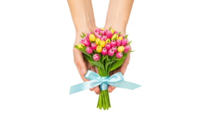 Isolated bouquet of yellow and pink tulips held in hands, a gift tied with a light blue ribbon