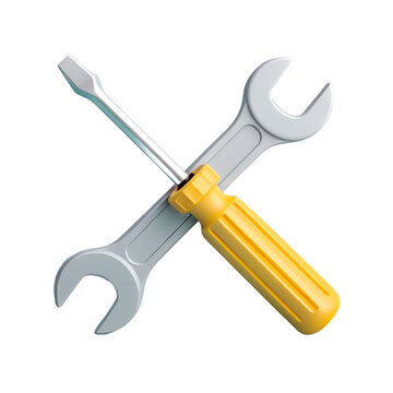3D crossed screwdriver and wrench icon with yellow handle symbolizing tools maintenance and settings