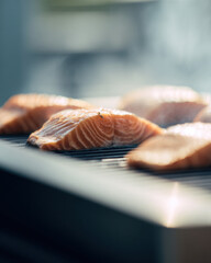 Fresh salmon fillets on grill