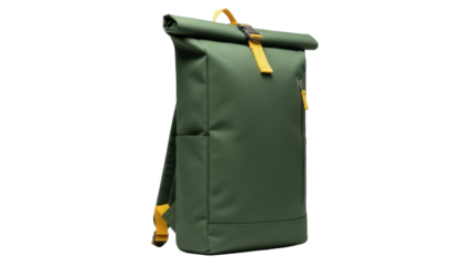 Isolated olive green backpack, waterproof roll-top rucksack with bright yellow straps and accents