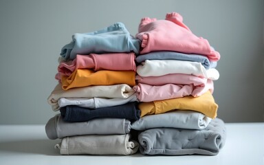 Stack of old baby children clothes,sneakers sorted into Keep and Donate categories.Donation,volunteering help,humanitarian aid.charity on gray background still life.Recycle clothing,eco cotton