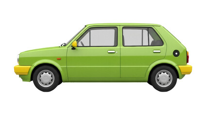Isolated old-fashioned subcompact car with a green body and yellow bumpers for transportation use