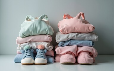 Stack of old baby children clothes,sneakers sorted into Keep and Donate categories.Donation,volunteering help,humanitarian aid.charity on gray background still life.Recycle clothing,eco cotton