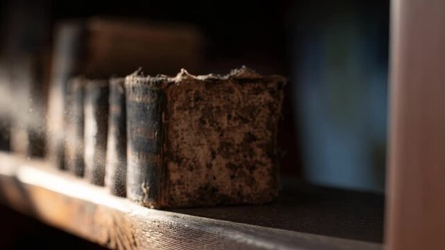 Old dusty books with tattered spines lined up on a wooden shelf.