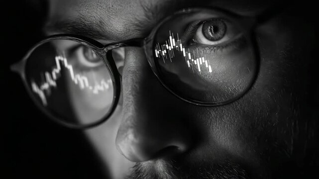 Close-up of a man's face in black and white, with stock market candlestick chart reflections in his glasses, on a dark background, representing finance focus