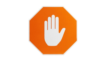 Isolated orange octagon safety sign featuring a white hand indicating to stop or halt