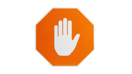 Isolated orange octagon safety sign featuring a white hand indicating to stop or halt