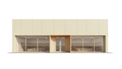 Isolated modern library exterior with beige panels, a storefront window and glass doors