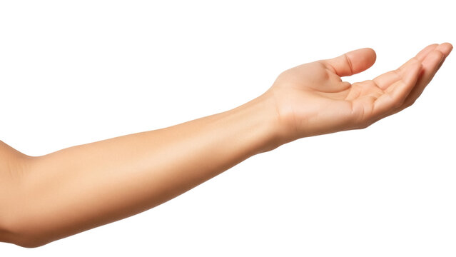 Isolated forearm with hand outstretched, offering an empty palm up and ready to give aid