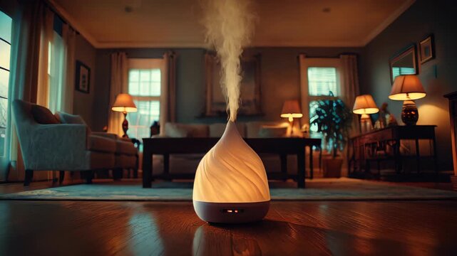 Mist fills a living room as a diffuser works in the evening light to create a cozy atmosphere for relaxation and comfort
