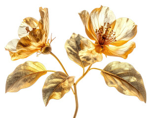 Two golden flowers, detailed petals, stem with leaves, isolated on black