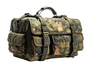 A camouflage duffel bag with various pockets and straps on black background