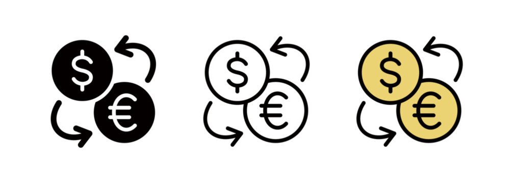 Money icons for dollar and euro fund transfers, coin icons representing exchange rates