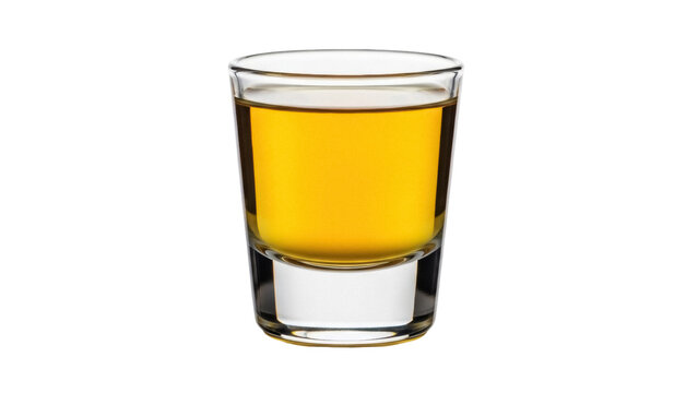 Isolated tumbler of amber liquid ready to drink, single shot glass, golden color drink