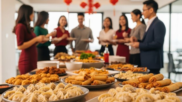 Asian professionals celebrating Lunar New Year with buffet lunch at modern office.