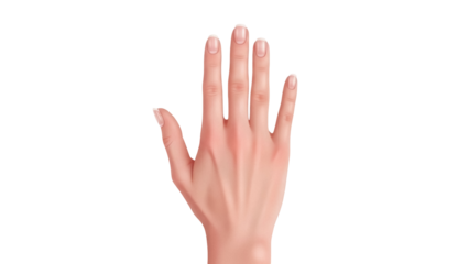 Isolated hand with palm up, five fingers, natural nail polish, skin tones and hand anatomy