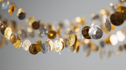 gold confetti garland background, festive metallic circle decoration, luxury party bokeh ornament
