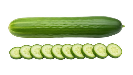 Isolated whole fresh green cucumber and slices for healthy food concept, culinary element