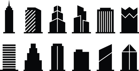 Black silhouette collection of modern skyscraper icons and urban building shapes, minimalist city skyline architecture symbols for real estate and construction design