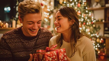 young couple exchanging gifts in festive decorated apartment, joyful authentic vibe